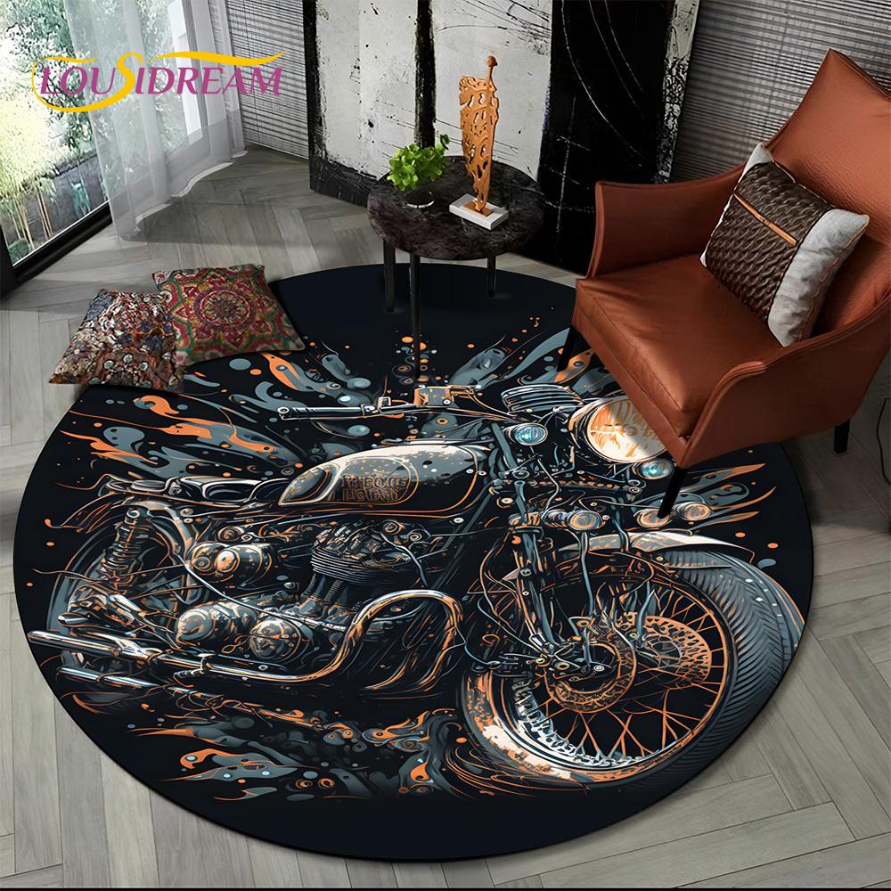 3D Retro Vintage Motorcycle Cartoon Round Area Carpet Rug for Living Room Bedroom Kid Playroom Decor,Pet Area Rug Non-slip Gift Diameter 60cm