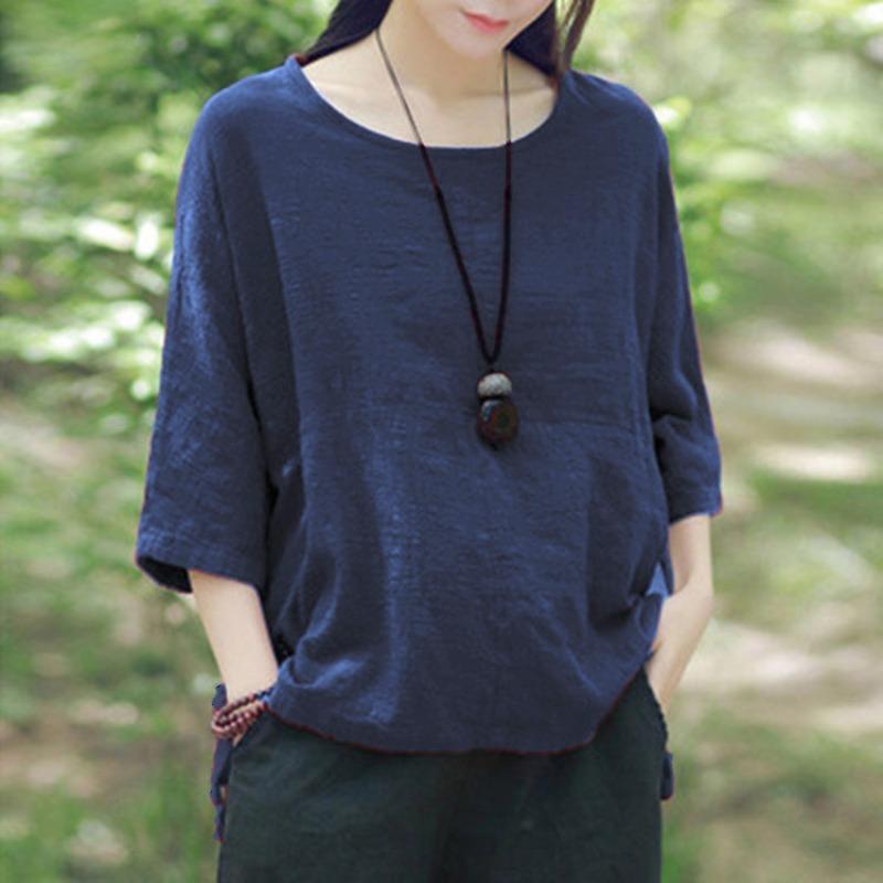 Linen T Shirt Women Fashion Seven Quarter Sleeve Round Neck Solid Colour Loose Casual Shirt L