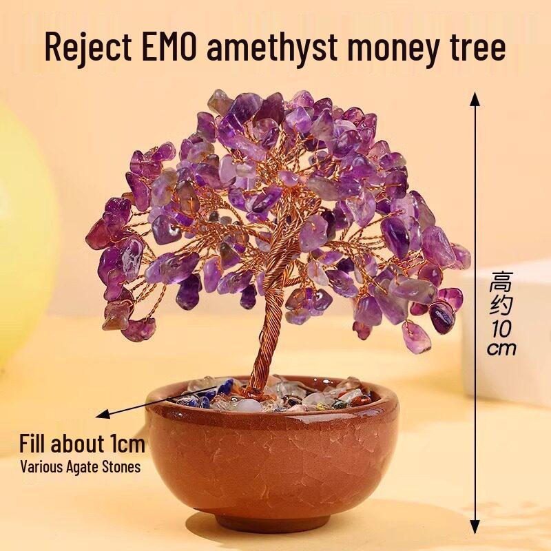 Citrine Wealth Tree with Pink and Purple Crushed Stone Base – Money-Attracting Desk Ornament.
