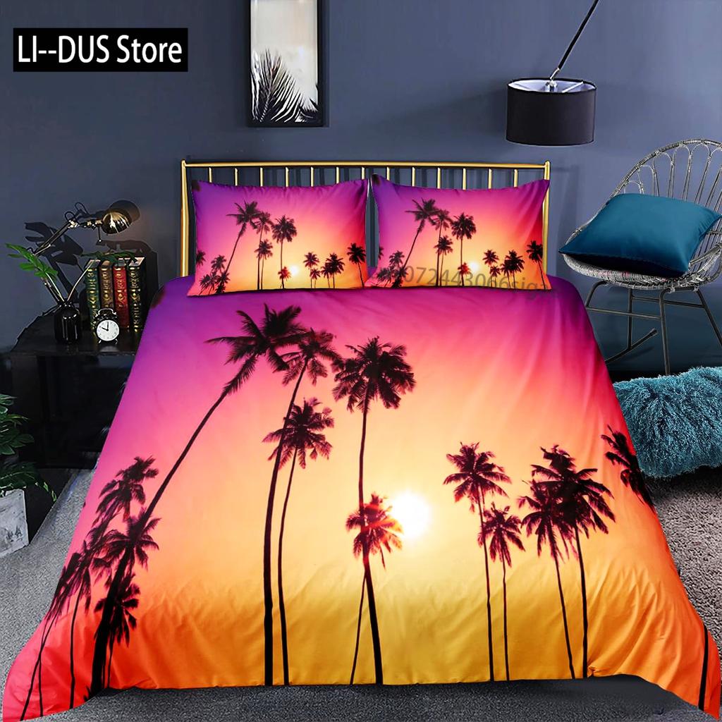 Sunset Palm Trees Duvet Cover Set 3Pcs Bedding Sets Quilt Cover With 2 Pillow Shams Full Queen King Size For Women Girl Teens