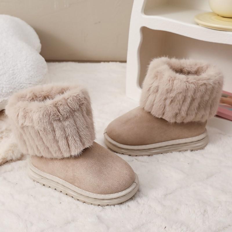 Shoes for kids Winter girl's Black Round Toe Solid Flock Plush Warm Mid Heel Water Proof Casual kids Snow Boots botas niña