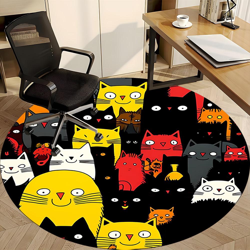 1PC Cat Pattern Office Round Area Rug, Mat Suitable For Office, Under Office Chairs Bedroom Living Room Home Decor, Room Deco