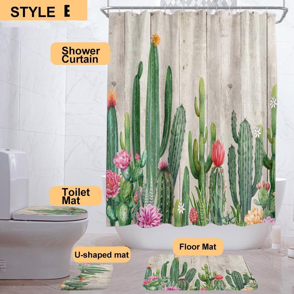 4Pcs/Set Shower Curtain Set with Bathroom Rugs and Mats Desert Cactus Succulent Plants Style Bathroom Decoration