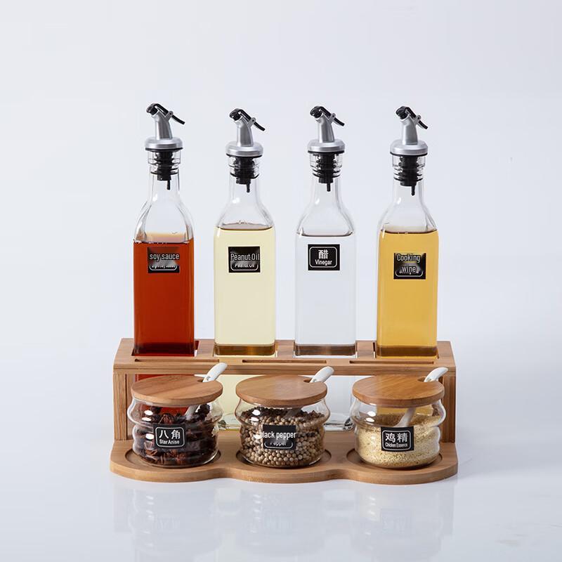 Ceramic and Glass Condiment Set with Bamboo Rack