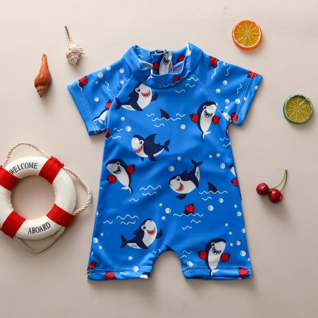0-5years Baby Boys Summer Romper Swimwear Cartoon Shark Patterns Short Sleeve Zipper Swimsuits For Kids Boys Shark Bathing Suit