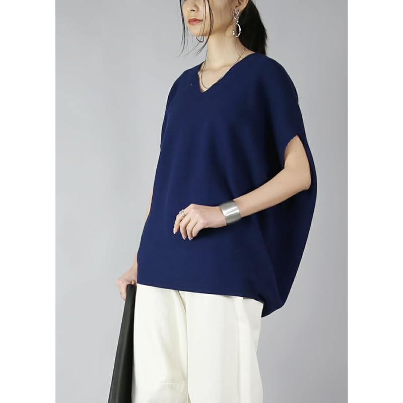 [And It] cocoon cotton knit Plain color V-neck short sleeve Thin summer knit pullover ladies F 55 Green A