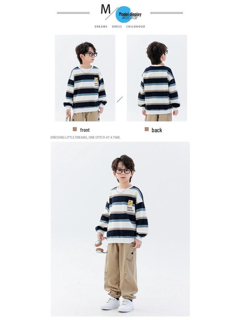 Boys' Fleece-Lined Striped Crewneck Hoodie - 2025 Autumn/Winter, Thick Long-Sleeve, Fashionable for Older Children