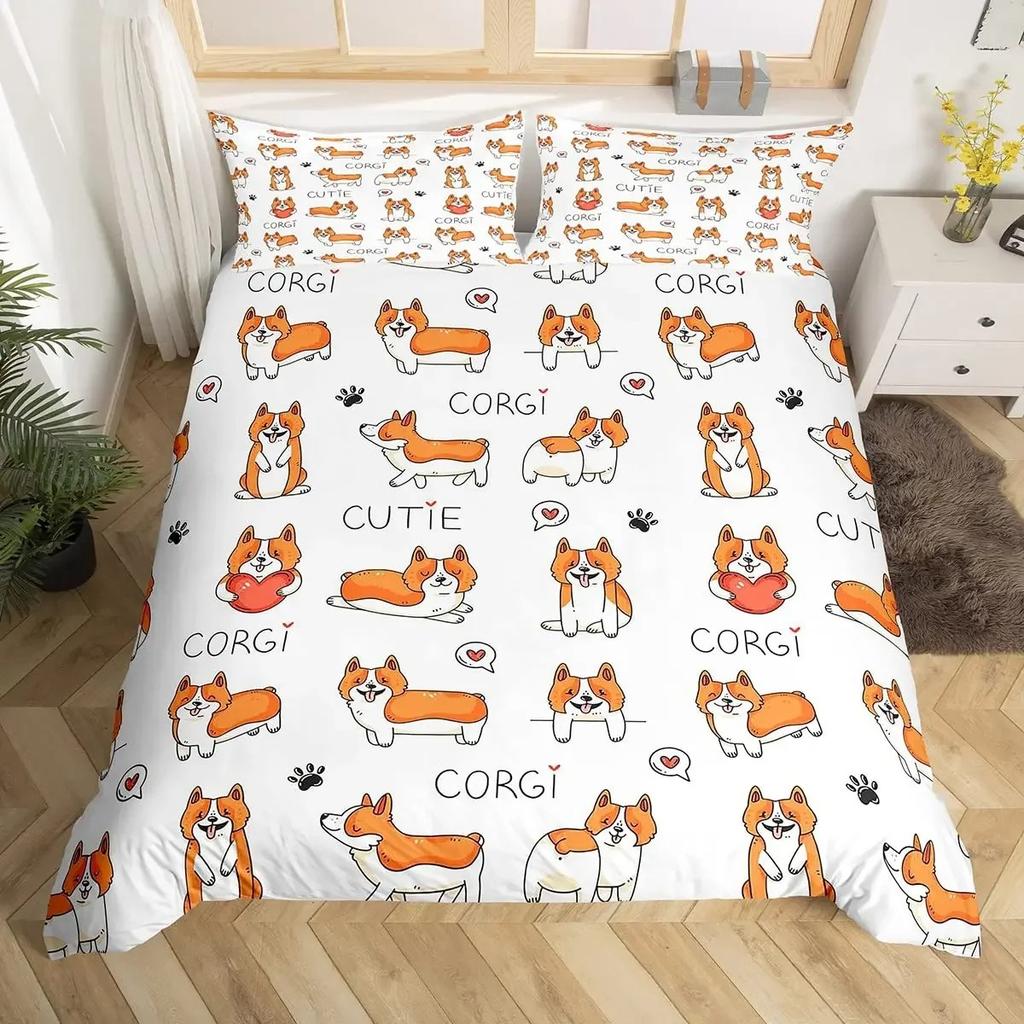 Set Lenjerie de Pat pentru Copii Câine Corgi Mărime King Queen Set Husă Plapumă Cățeluș Drăguț Desen Animat Animal de Companie Husă Plapumă Microfibră Husă Plapumă