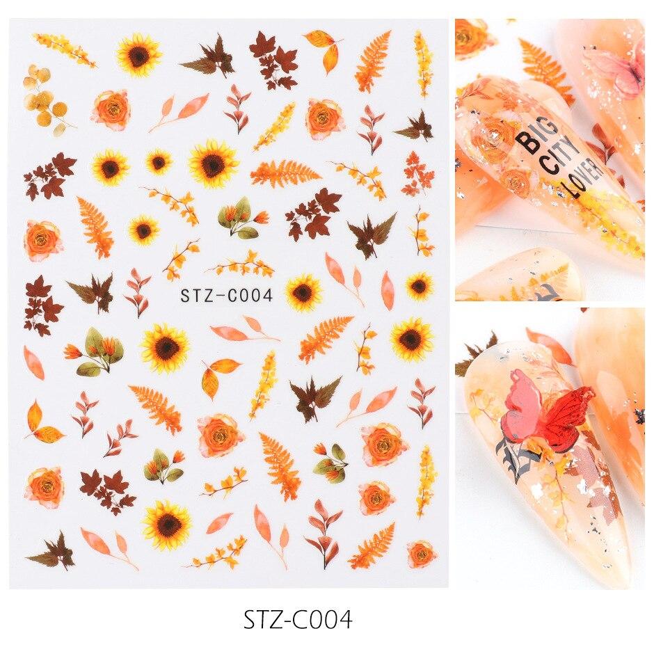 1pc 3D Nail Stickers Spring Summer Natural Flower Leaves Simulation Dried Flower Dragonfly Nail Applique Water Slides Decoration