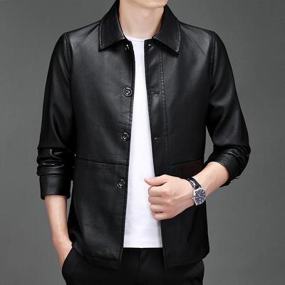 Men's Slim Fit Leather Jacket - New Korean Style, Trendy Parka with Casual Lapel for Middle-Aged Dads
