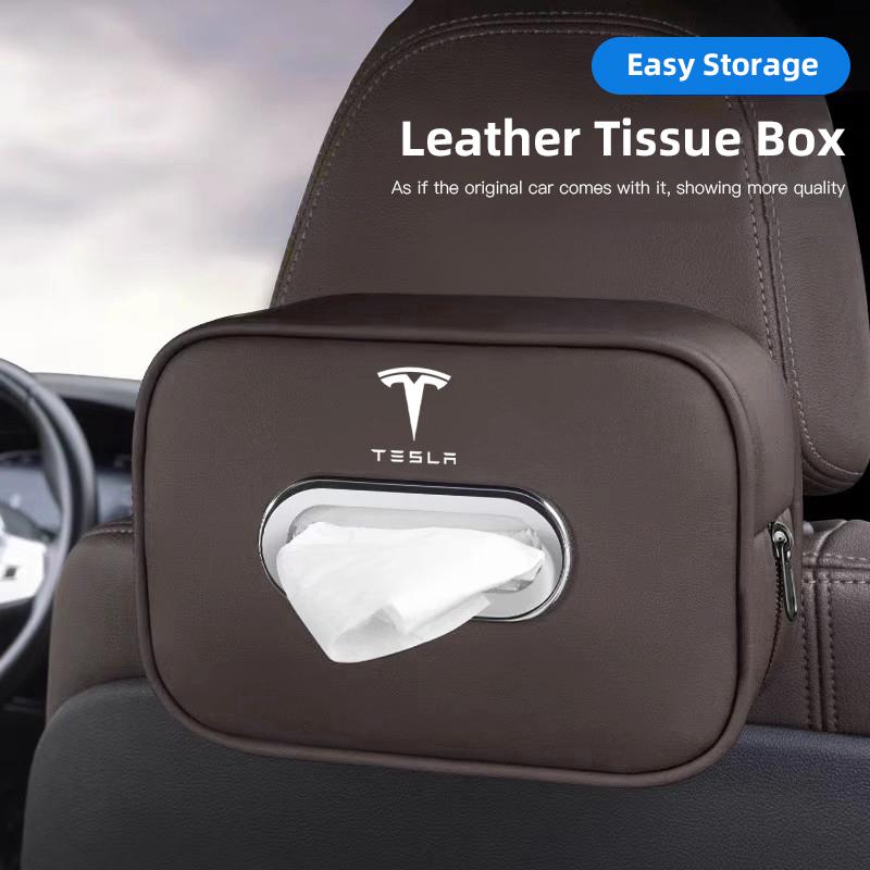 Car Tissue Box Holder Leather Car Center Console Armrest Napkin Case Sun Visor Backseat Bag For Tesla Model 3 Y S X Cybertruck