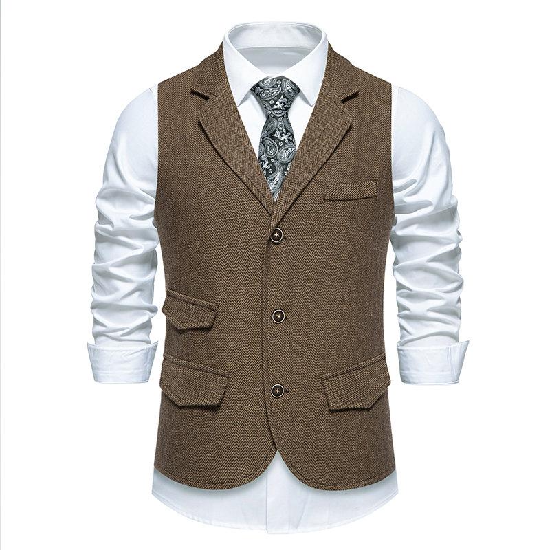 Herren Retro Tweed Stoff Jacquard Anzugweste Reverstaschen Ärmellos Einreihig Weste Slim Fit Casual Business Jacke