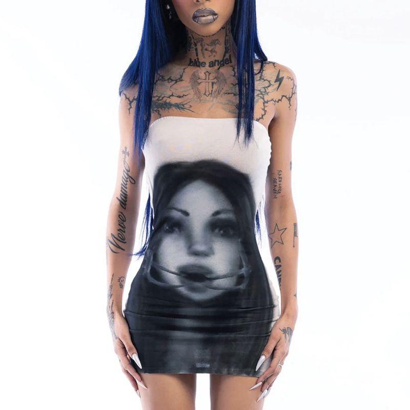 

Kkx American Style Gyaru Face Print off-the-Shoulder Sleeveless Tube Top Dress European and American Sexy Slimming Waist Hugging Hip Skirt White L