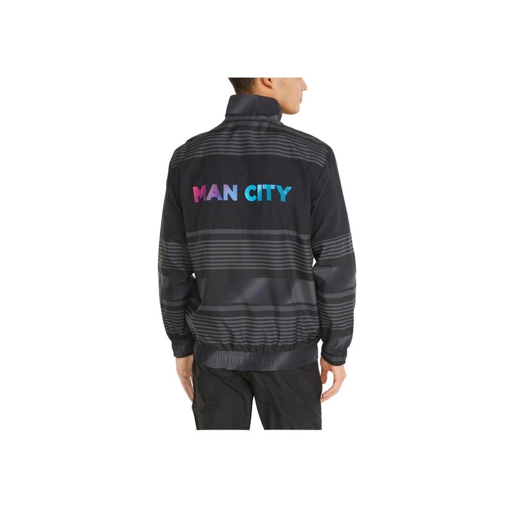 Puma Mcfc Prematch Jacket Logo Geometric Print Stand Collar Casual Zip Woven Jacket Men Jacket Black 765180-03