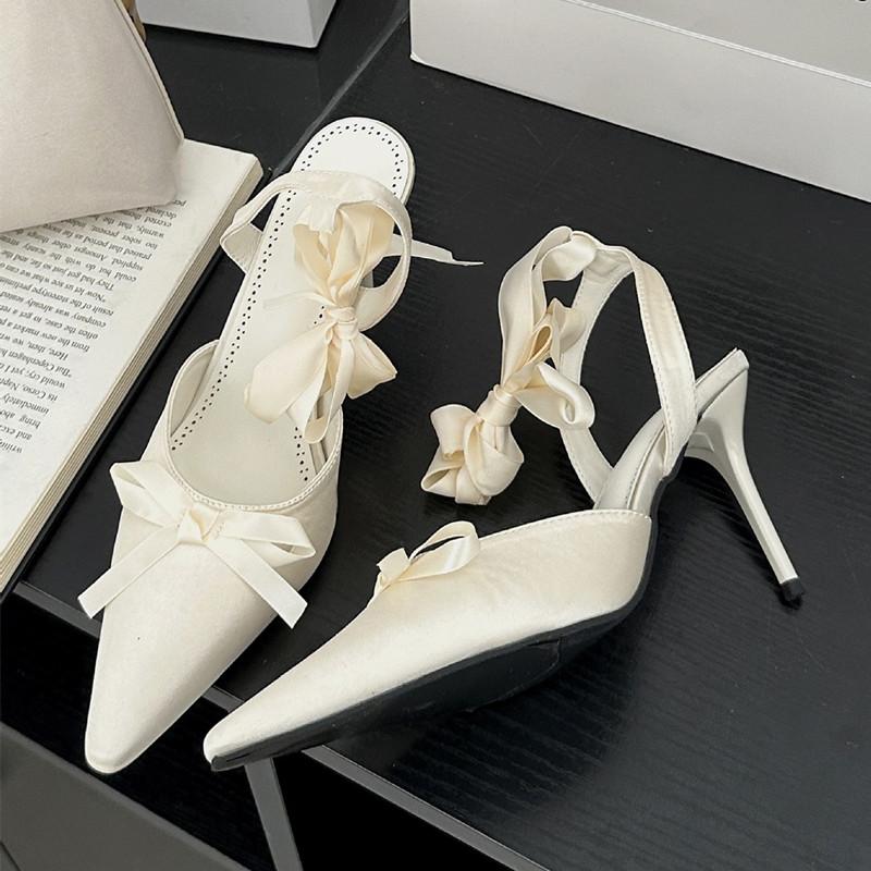 Fashion Fashion Bowknot Satin Ankle Strap Women Pumps Elegant Pointed toe Stiletto High heels Female Slingbacks Wedding Prom Shoes