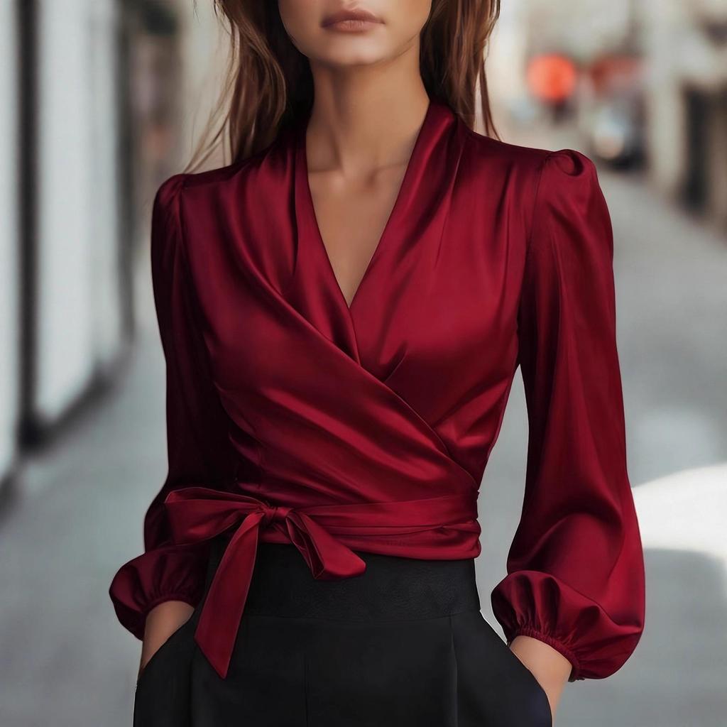 2025 Autumn/Winter V-Neck Satin Tie-Waist Blouse for Women