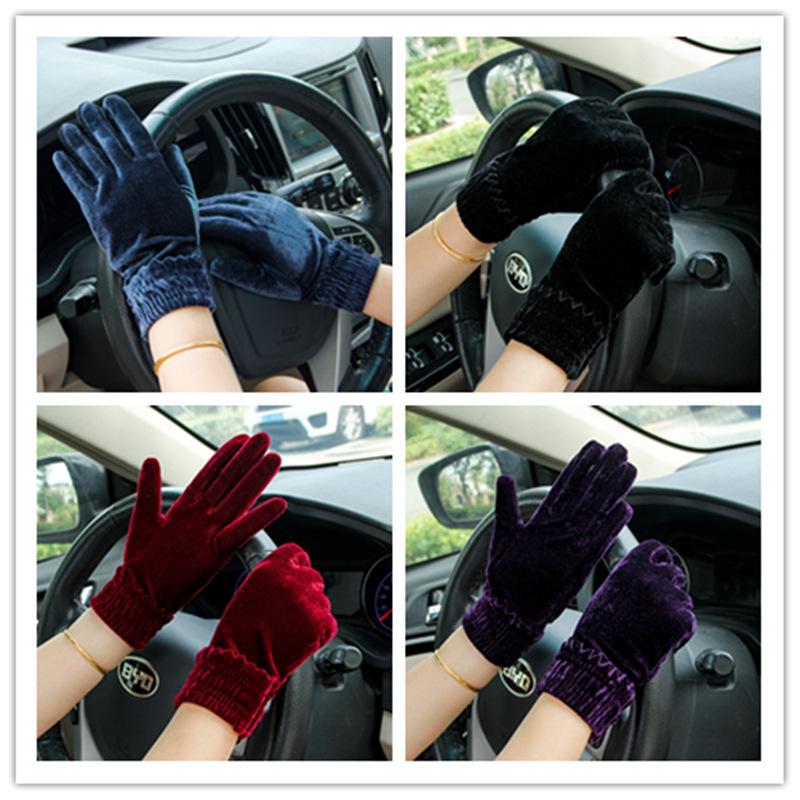 Women's Gold Velvet Etiquette Gloves - Knitted Warm Five-Finger Design for Autumn and Winter