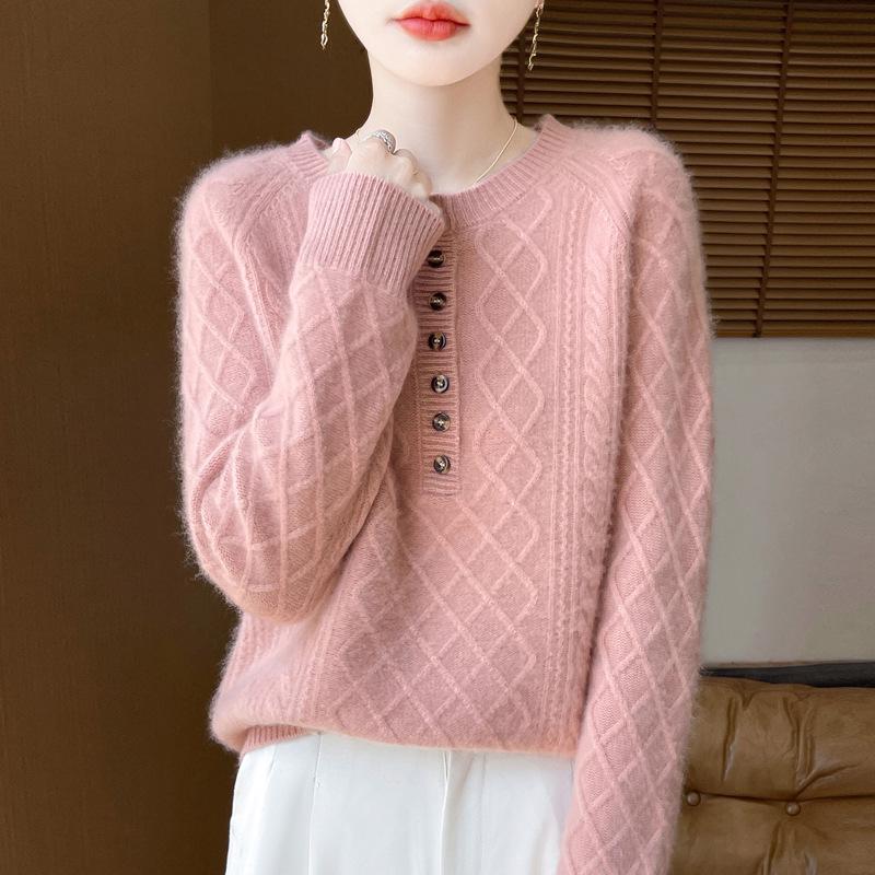 2025 Autumn/Winter Wool Knit Diamond Cable Base Layer Top - Cashmere, Thick & Soft