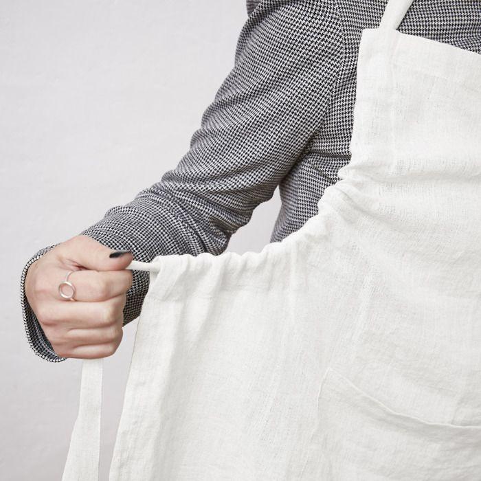 Tablier Ajustable - SOLINE - 70 X 85 Cm - 100% Lin Lavé - Blanc - Poche Pratique