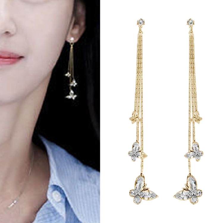 Shimmering Tassels Earrings Featuring 3 Crystal Butterflies Allergy Resistant Zinc Alloy Jewelry For Gift Giving