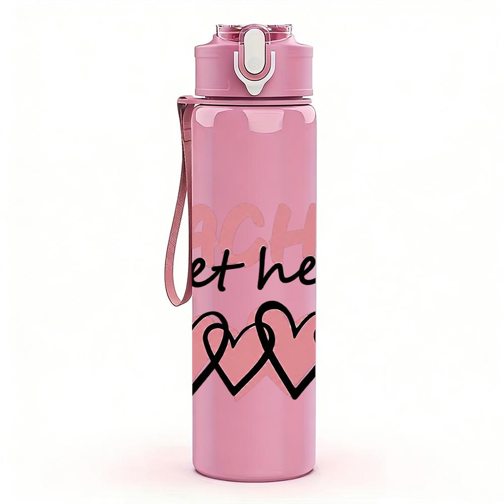 1PC Teaching Sweethearts Pink Heart Text Graphic,750ml Color Plastic Sports Water Bottle,Leakproof Flip Straw Lid,Suitable for Sports Office Home Use