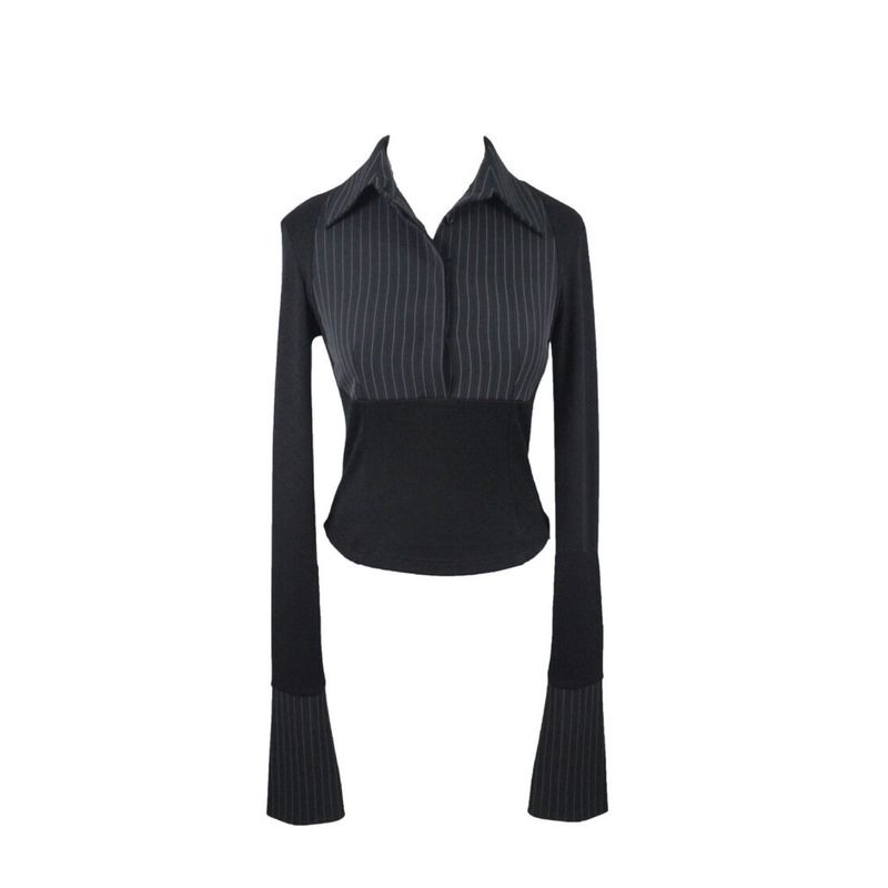 

[So4more] South Korea Direct Mail Office Retro Pure Desire Gigi Stripes Color Contrast Patchwork Shirt Tops Black Patchwork gigi One size