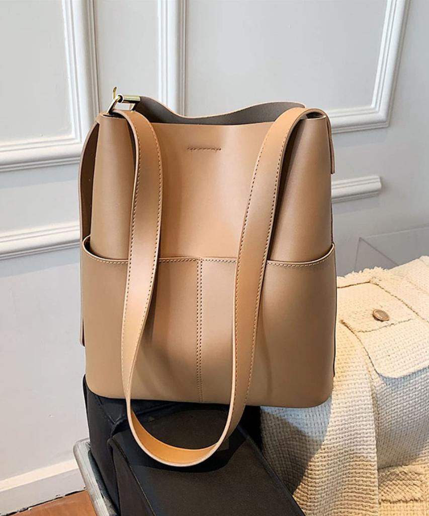 Aimoha Women's Commuter Tote Bag, Synthetic Leather with Exterior Pocket, Simple and Basic, A4 Size, Business Bag, Storage, Shoulder Bag, Handbag,