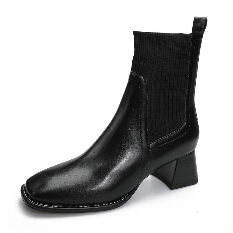 British style 2024 new women's boots thick heel square head short boots high heel soft leather boots elastic boots medium heel spring and autumn sing