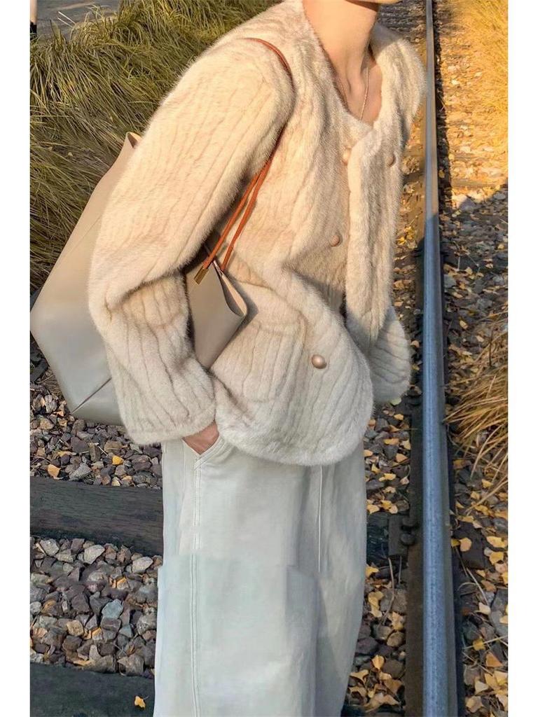 2024 Autumn/Winter Women's Faux Mink Stripe Cardigan: Round Neck, Long Sleeve, Socialite Lazy Style