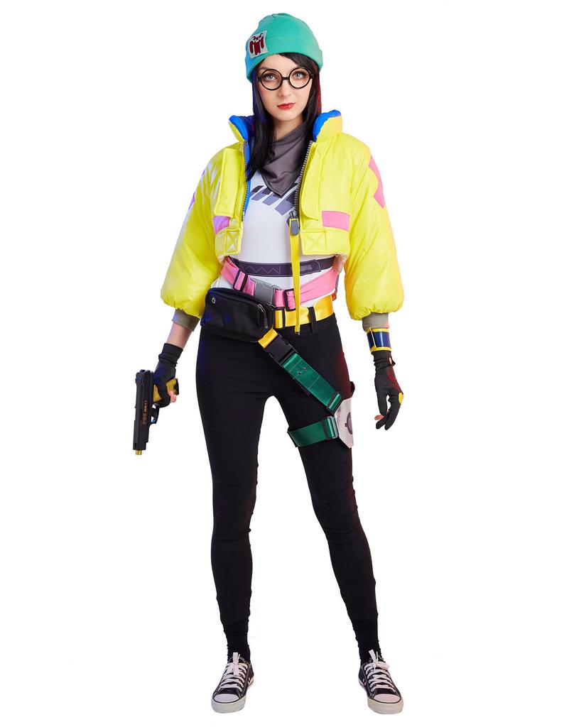 [Miccostumes] Women's Adult Girl Anime Game Cosplay Costume Costume Set Cute Cool Moe Yellow Cotton Padded Green Hat Shirt Black Jeans Fancy Dress