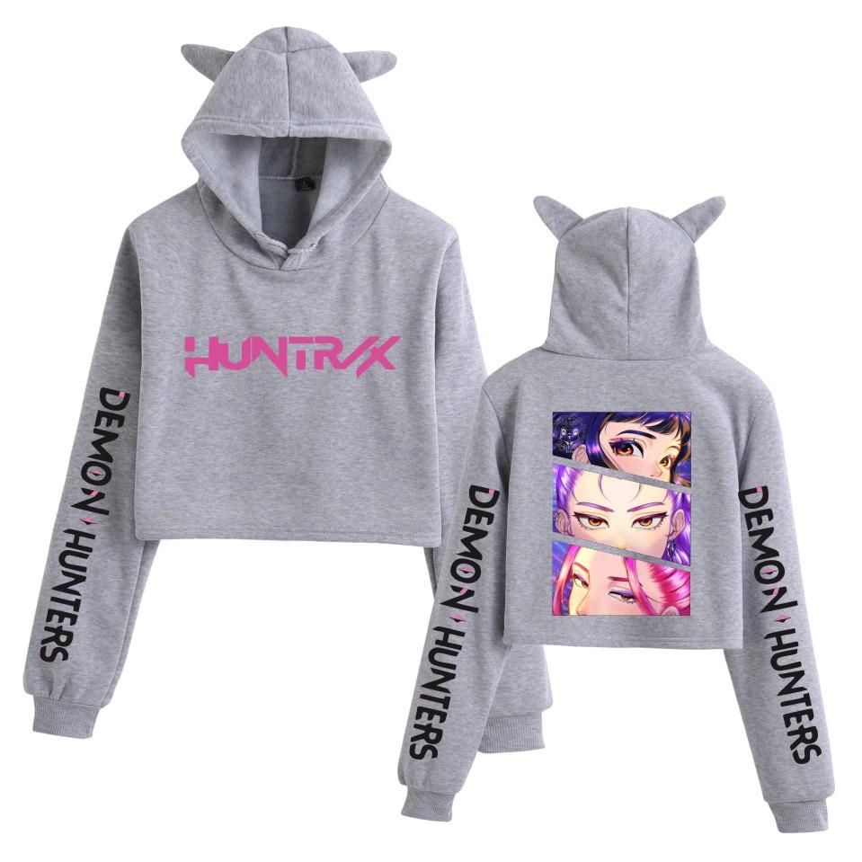 KPop Demon Hunters Printed Hoodie Women Fashion Pullover Girl Cute Cat Ear Sweatshirts Crop Tops