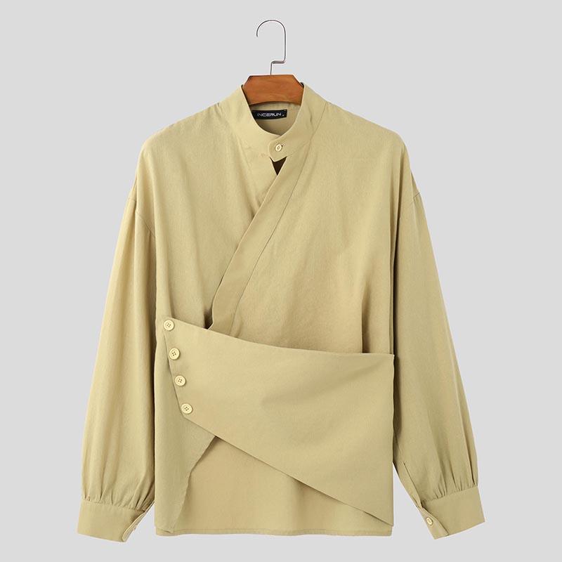 

INCERUN Мужские Топы и рубашки с длинным рукавом, спереди крест-накрест, повседневные, асимметричные 4XL