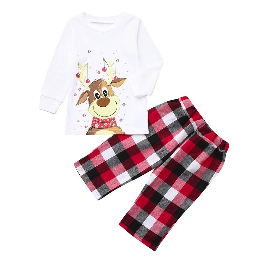 Christmas Kids Long Sleeve Tops+Plaid Print Pants  Family Clothes Pajamas