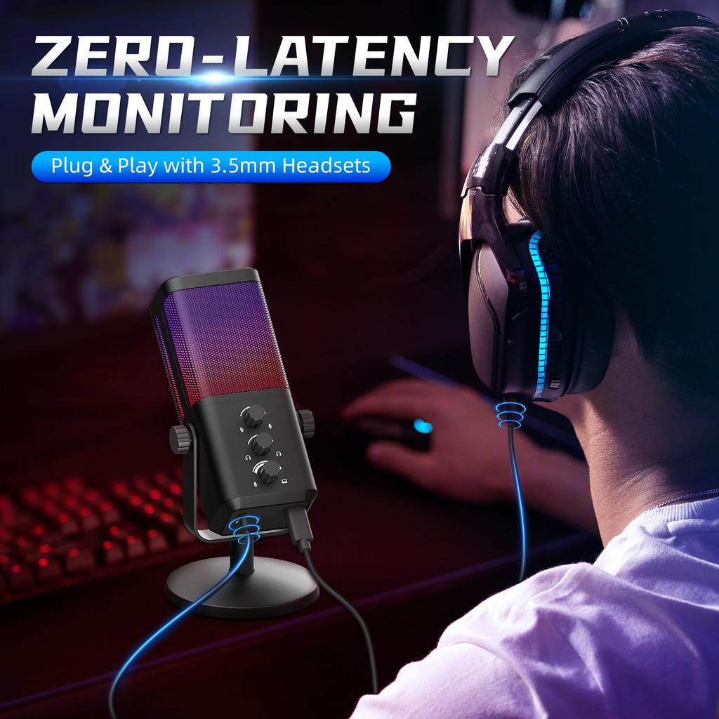 XTUGA M7 Gaming Microphone USB RGB Dynamic Light Noise Reduction Condenser Microphone Real-Time Monitoring Streaming Podcast Studio PC PS5 Mac