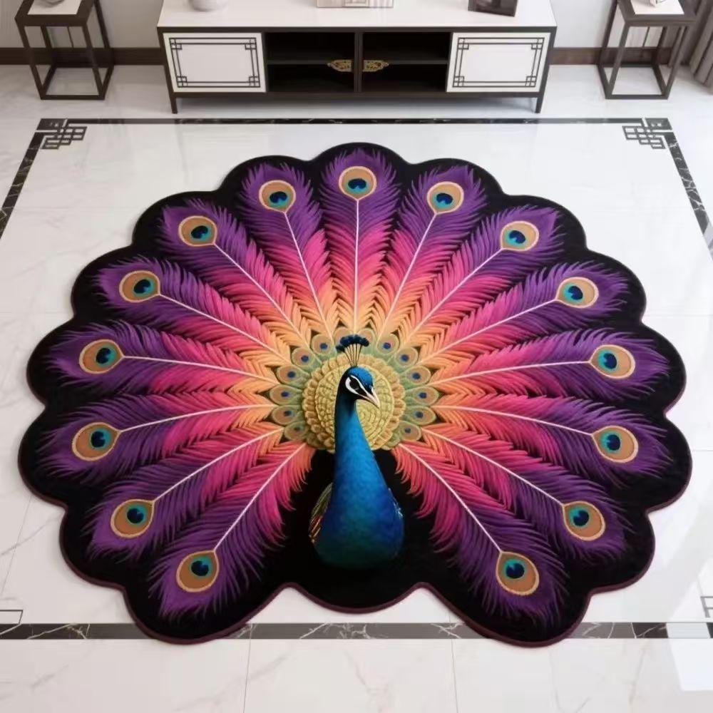 3D Peacock Floral Round Carpet Plush Print Area Rug Home Decoration Non Slip Easy Care Living Room Sofa