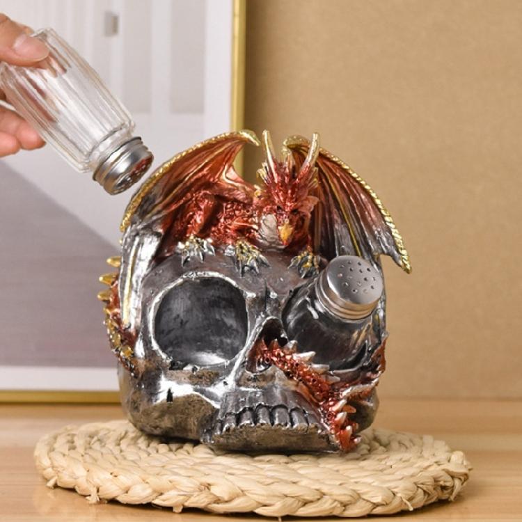 Dragon Skull Figurine for Halloween Resins Statue with Spices Shaker Display Stand Rack Kitchen Decoration for Collectors