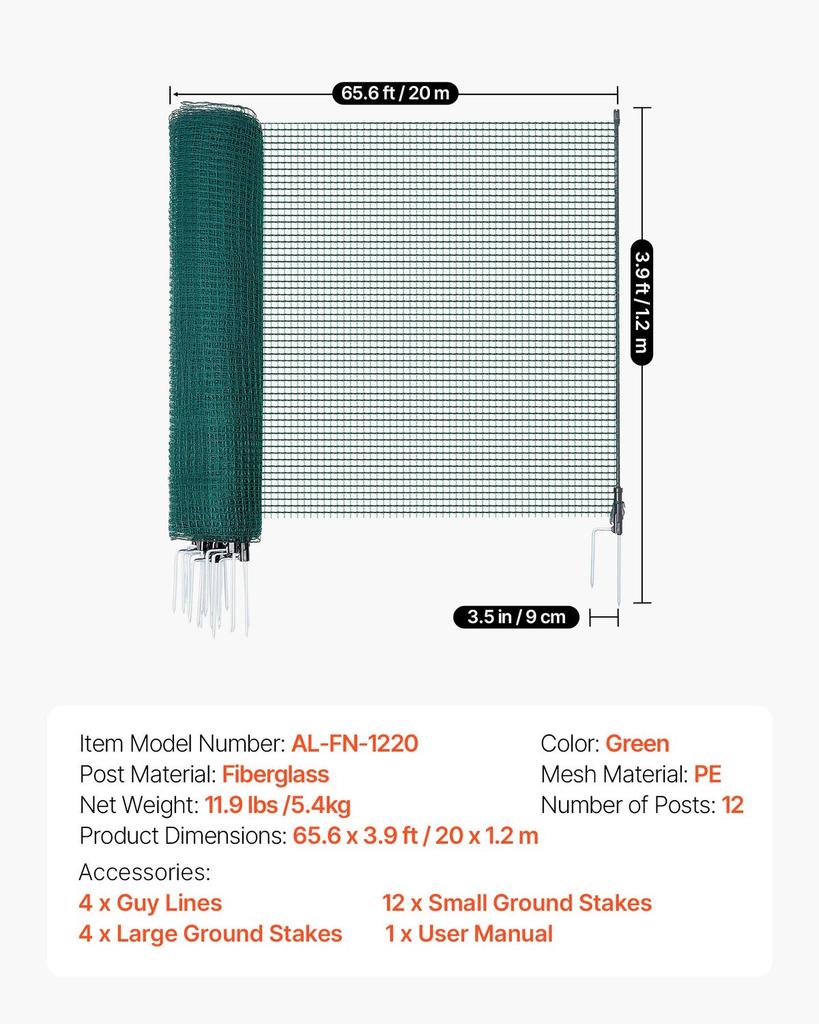 Temporary Fence with Posts, 1.2 X 20m Plastic Mesh Fencing, Garden Safety Fences Netting with Double-Spike Stakes & Guy Ropes, Temporary Fence for