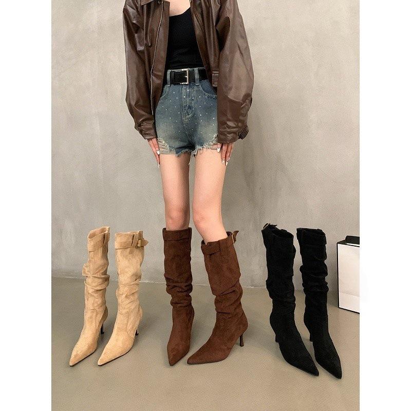 High Heel Boots Pointed Head Brown Skinny Boots Long Knight Boots Spring and Autumn Temperament Pile Long Boots