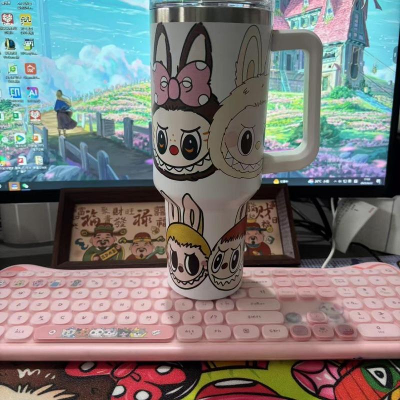 Cartoon Pattern 40oz Car Cup 304 Stainless Steel Thermos Cup Car Straw Bingba Cup