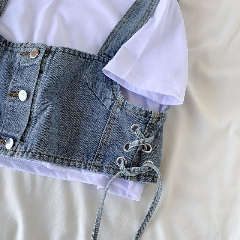 Stylish Vest Elegance Fashion Casual Tie Slim Short Section Outwear Denim Camisole Female Design Single-breasted Stacked Small Undershirt Female