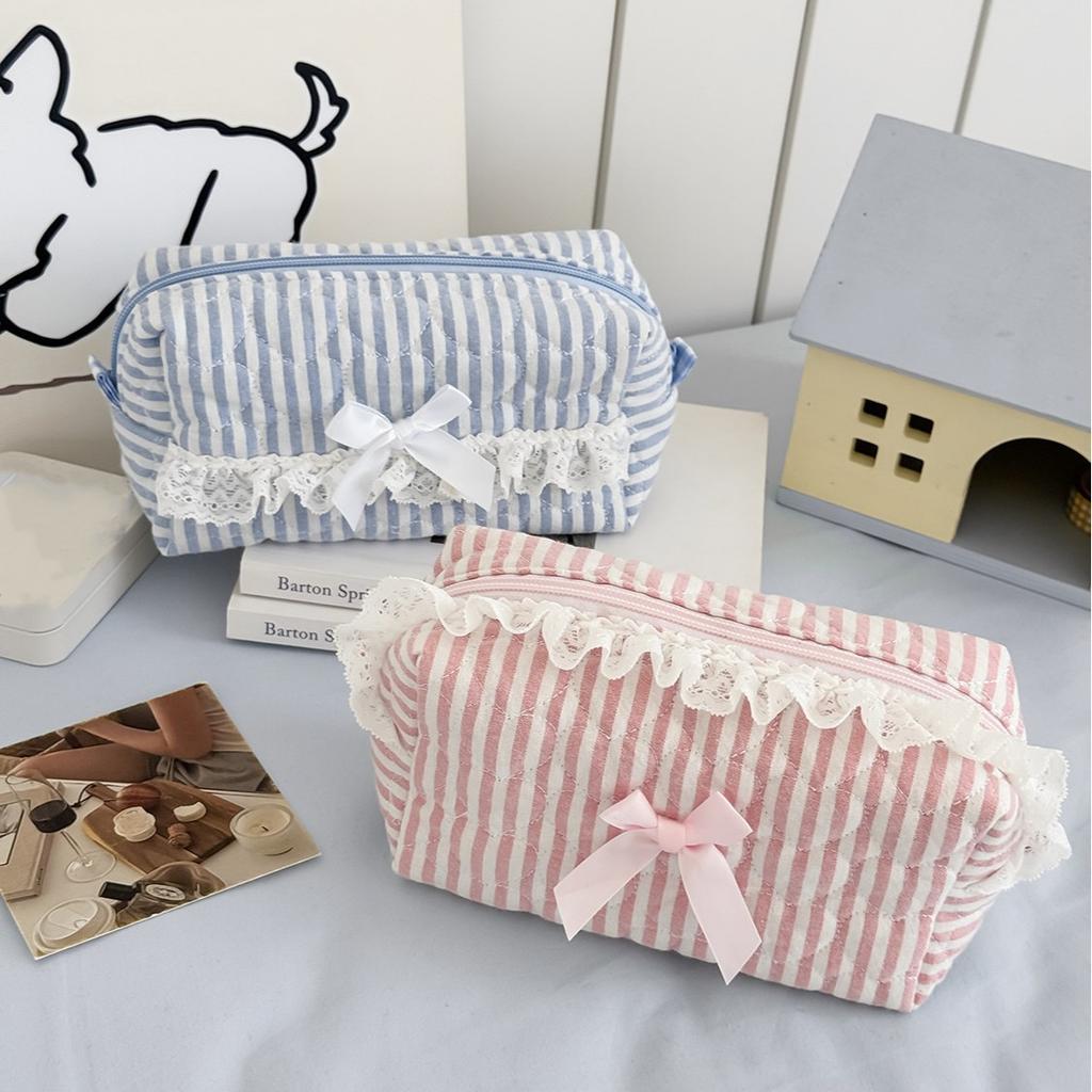 Cute Pink Striped Lace Makeup Pouch Aesthetic Ins Style Makeup Bag for Girls Teens Cosmetic Organizer Kawaii Pencil Case