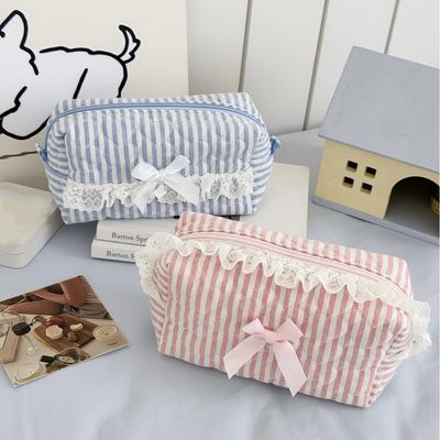 Cute Pink Striped Lace Makeup Pouch Aesthetic Ins Style Makeup Bag for Girls Teens Cosmetic Organizer Kawaii Pencil Case
