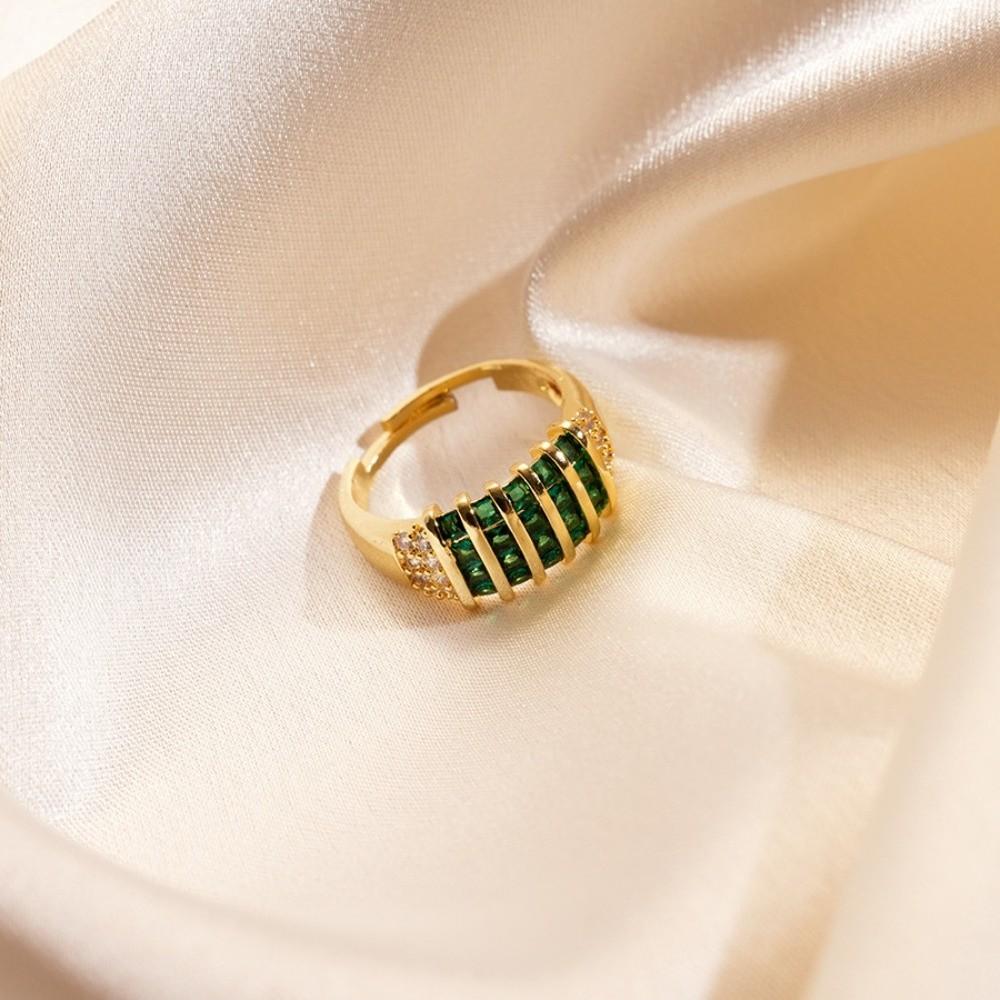 Korean Style Rhinestone Ring Geometric Chunky Enamel Ring Vintage Zircon Opening Ring Decoration