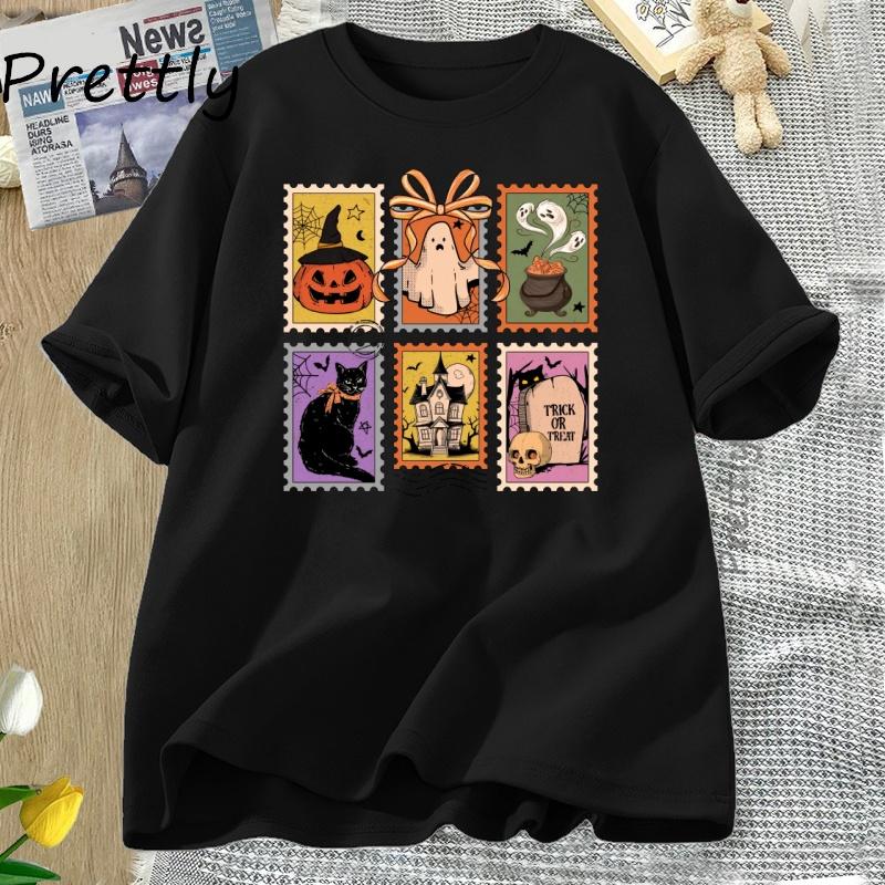 Retro Halloween Cat Ghost T Shirt Girly Halloween Fall Spooky Season Tshirt Pumpkin Spooky Mama Tshirt Casual Short Sleeve