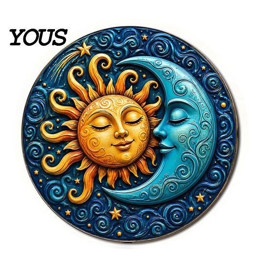 Modern Boho Wall Ornament Sun And Moon Art, 8Inch Round Metal Sign, Vintage Hanging Decoration for Home Living Room Bedroom Entrance Decor Retro Art