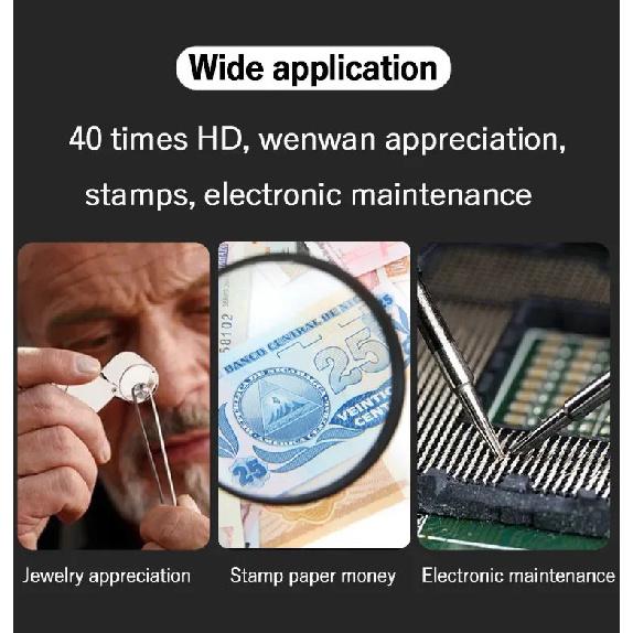 Handheld 40x Magnifying Glass with 2 LED Light Handheld Magnifier Loupe Acrylic Lens Glass Loupe Jewelry Repair Tool