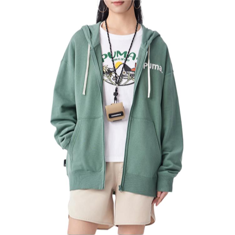 Puma Team Fz Hoodie With Letter Embroidery Loose Fit Zip-Up Sweatshirt Unisex Hoodies Light-Green Gray 629953-89