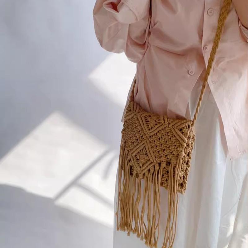 New Casual Handmade Crochet Braid Fringed Bag Women Tassel Knitted Handbag Female Beach Bohemian Shoulder Messenger Bag