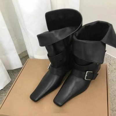 Fashion Flip Collar Two Wearing Small Square Toe Short Boots for Women, 2025 Thick Heel Chelsea Skinny Boots