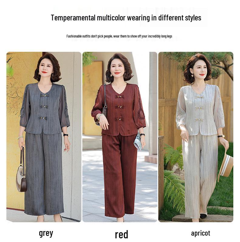 Plus Size Women's Summer Wide-Leg Pants Two-Piece Set for Middle-Aged and Elderly